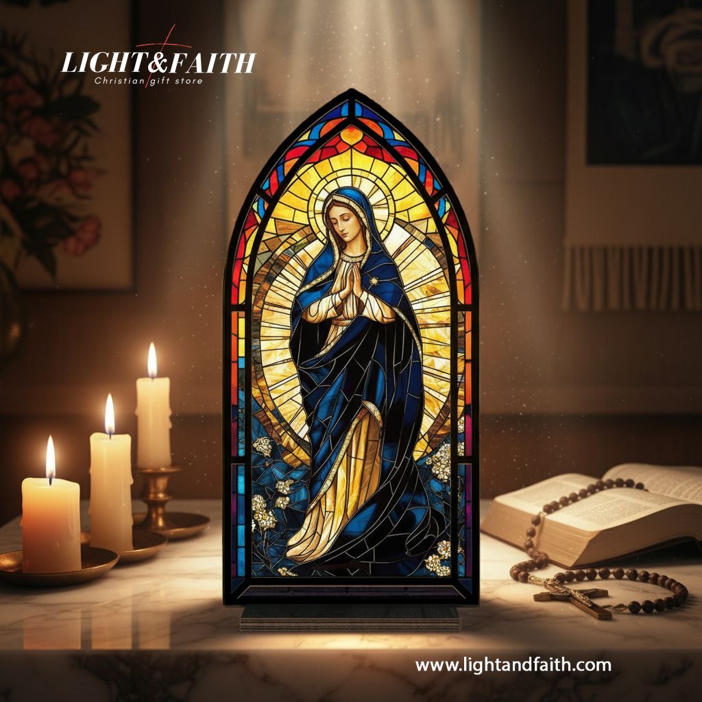 Virgin Mary Book Nook Decor, Stained Glass Window Style LED Light, Our Lady Religious Home Altar Decoration, Christian Faith Gift for Prayer and Blessing BNLAF21